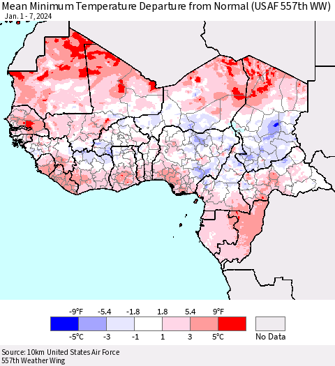 Western Africa Mean Minimum Temperature Departure from Normal (USAF 557th WW) Thematic Map For 1/1/2024 - 1/7/2024