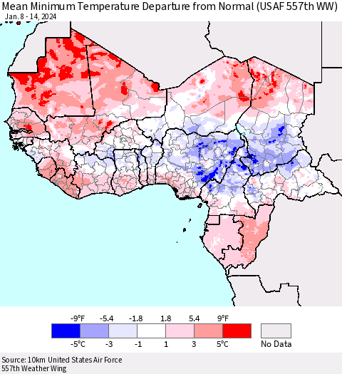Western Africa Mean Minimum Temperature Departure from Normal (USAF 557th WW) Thematic Map For 1/8/2024 - 1/14/2024