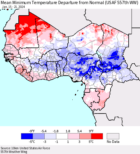 Western Africa Mean Minimum Temperature Departure from Normal (USAF 557th WW) Thematic Map For 1/15/2024 - 1/21/2024