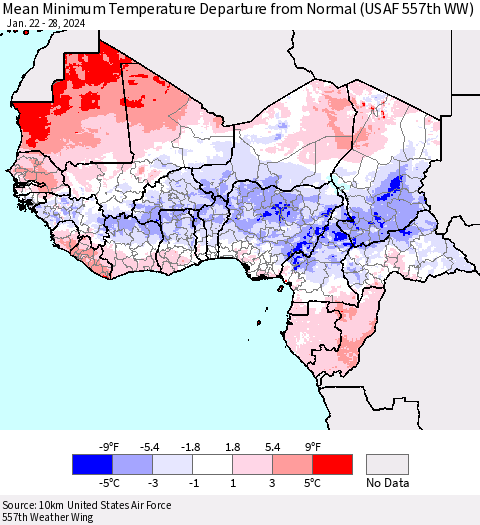 Western Africa Mean Minimum Temperature Departure from Normal (USAF 557th WW) Thematic Map For 1/22/2024 - 1/28/2024