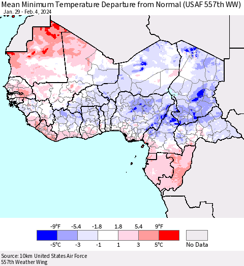 Western Africa Mean Minimum Temperature Departure from Normal (USAF 557th WW) Thematic Map For 1/29/2024 - 2/4/2024