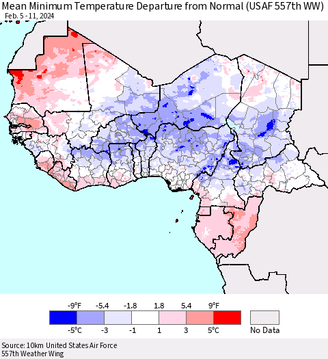 Western Africa Mean Minimum Temperature Departure from Normal (USAF 557th WW) Thematic Map For 2/5/2024 - 2/11/2024