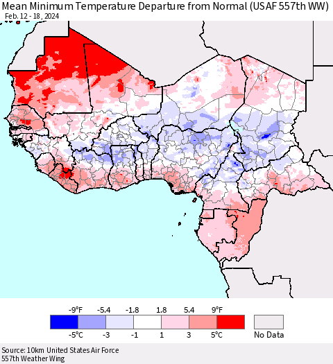 Western Africa Mean Minimum Temperature Departure from Normal (USAF 557th WW) Thematic Map For 2/12/2024 - 2/18/2024