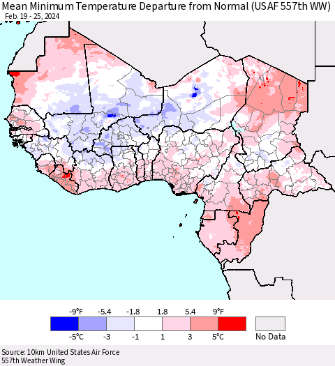 Western Africa Mean Minimum Temperature Departure from Normal (USAF 557th WW) Thematic Map For 2/19/2024 - 2/25/2024
