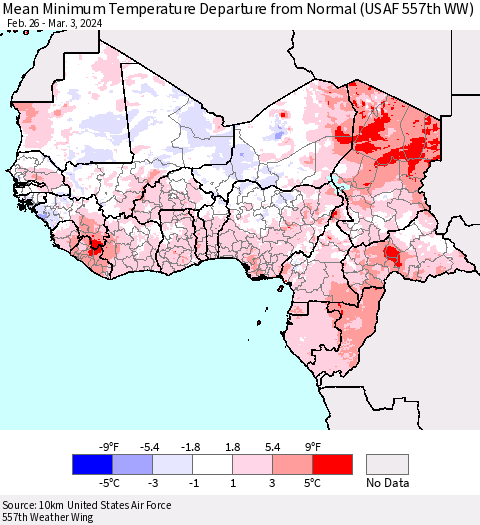 Western Africa Mean Minimum Temperature Departure from Normal (USAF 557th WW) Thematic Map For 2/26/2024 - 3/3/2024