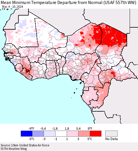 Western Africa Mean Minimum Temperature Departure from Normal (USAF 557th WW) Thematic Map For 3/4/2024 - 3/10/2024