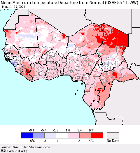 Western Africa Mean Minimum Temperature Departure from Normal (USAF 557th WW) Thematic Map For 3/11/2024 - 3/17/2024