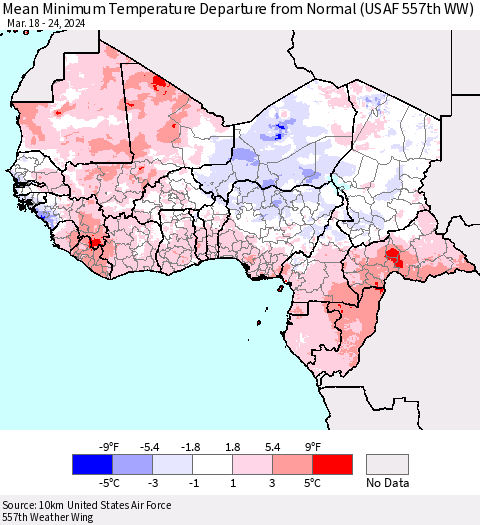 Western Africa Mean Minimum Temperature Departure from Normal (USAF 557th WW) Thematic Map For 3/18/2024 - 3/24/2024