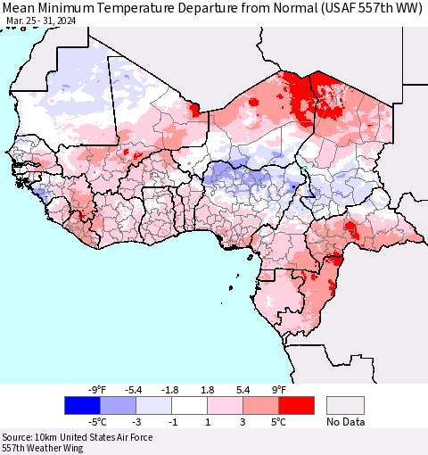 Western Africa Mean Minimum Temperature Departure from Normal (USAF 557th WW) Thematic Map For 3/25/2024 - 3/31/2024