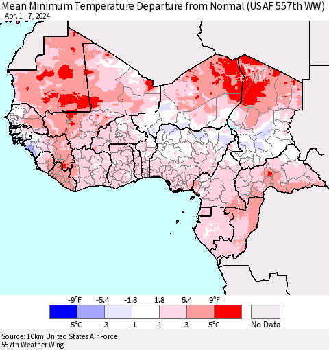 Western Africa Mean Minimum Temperature Departure from Normal (USAF 557th WW) Thematic Map For 4/1/2024 - 4/7/2024