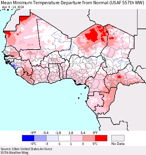 Western Africa Mean Minimum Temperature Departure from Normal (USAF 557th WW) Thematic Map For 4/8/2024 - 4/14/2024