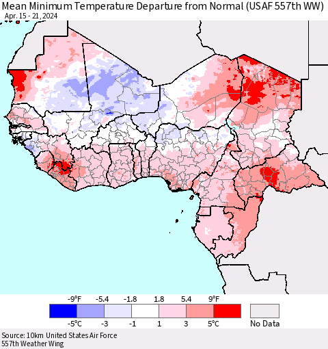 Western Africa Mean Minimum Temperature Departure from Normal (USAF 557th WW) Thematic Map For 4/15/2024 - 4/21/2024