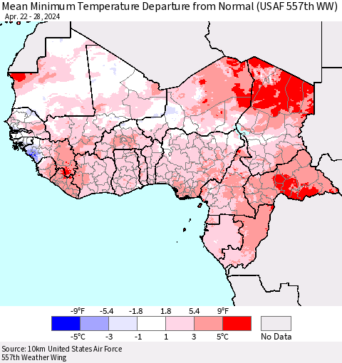 Western Africa Mean Minimum Temperature Departure from Normal (USAF 557th WW) Thematic Map For 4/22/2024 - 4/28/2024