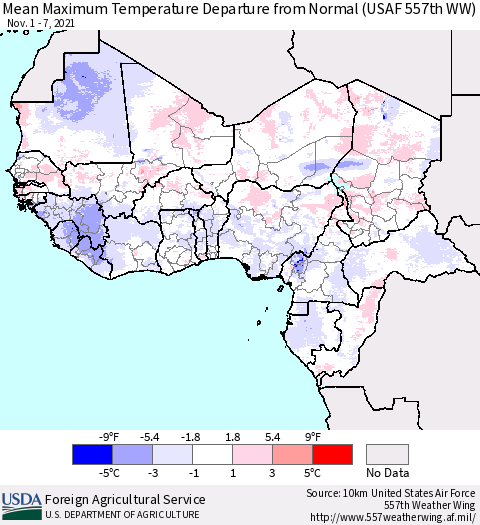 Western Africa Mean Maximum Temperature Departure from Normal (USAF 557th WW) Thematic Map For 11/1/2021 - 11/7/2021
