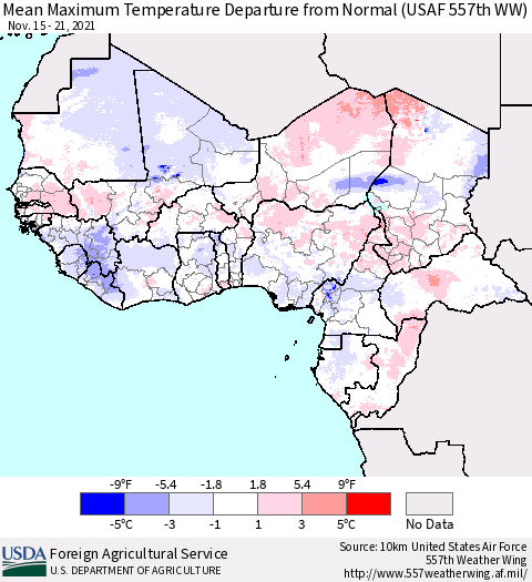 Western Africa Mean Maximum Temperature Departure from Normal (USAF 557th WW) Thematic Map For 11/15/2021 - 11/21/2021
