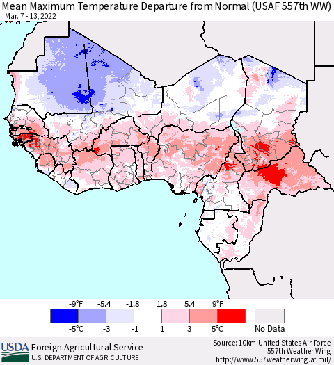 Western Africa Mean Maximum Temperature Departure from Normal (USAF 557th WW) Thematic Map For 3/7/2022 - 3/13/2022
