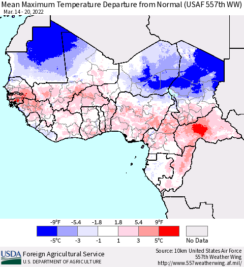 Western Africa Mean Maximum Temperature Departure from Normal (USAF 557th WW) Thematic Map For 3/14/2022 - 3/20/2022