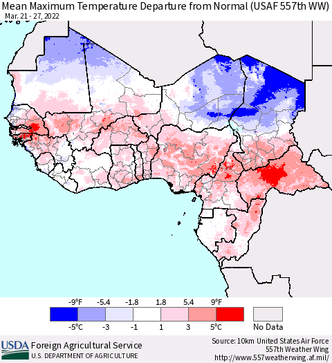 Western Africa Mean Maximum Temperature Departure from Normal (USAF 557th WW) Thematic Map For 3/21/2022 - 3/27/2022