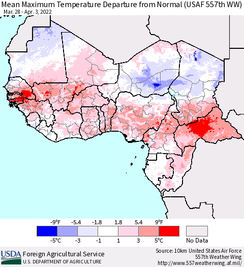 Western Africa Mean Maximum Temperature Departure from Normal (USAF 557th WW) Thematic Map For 3/28/2022 - 4/3/2022