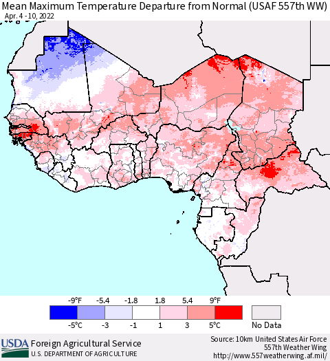 Western Africa Mean Maximum Temperature Departure from Normal (USAF 557th WW) Thematic Map For 4/4/2022 - 4/10/2022