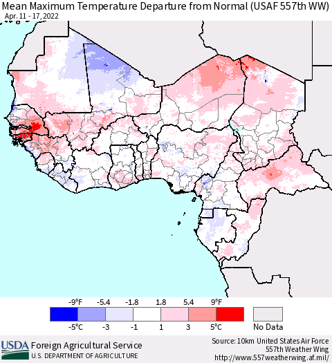 Western Africa Mean Maximum Temperature Departure from Normal (USAF 557th WW) Thematic Map For 4/11/2022 - 4/17/2022
