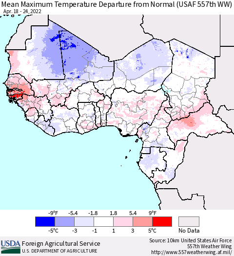 Western Africa Mean Maximum Temperature Departure from Normal (USAF 557th WW) Thematic Map For 4/18/2022 - 4/24/2022