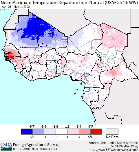 Western Africa Mean Maximum Temperature Departure from Normal (USAF 557th WW) Thematic Map For 4/25/2022 - 5/1/2022