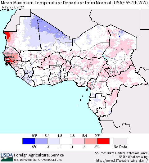 Western Africa Mean Maximum Temperature Departure from Normal (USAF 557th WW) Thematic Map For 5/2/2022 - 5/8/2022