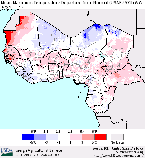 Western Africa Mean Maximum Temperature Departure from Normal (USAF 557th WW) Thematic Map For 5/9/2022 - 5/15/2022