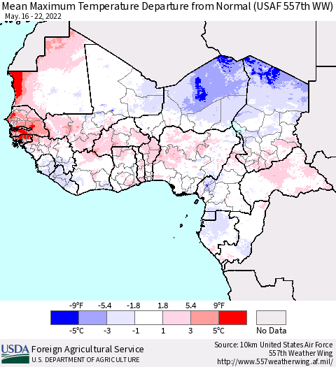 Western Africa Mean Maximum Temperature Departure from Normal (USAF 557th WW) Thematic Map For 5/16/2022 - 5/22/2022