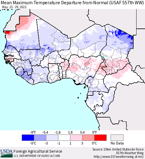 Western Africa Mean Maximum Temperature Departure from Normal (USAF 557th WW) Thematic Map For 5/23/2022 - 5/29/2022