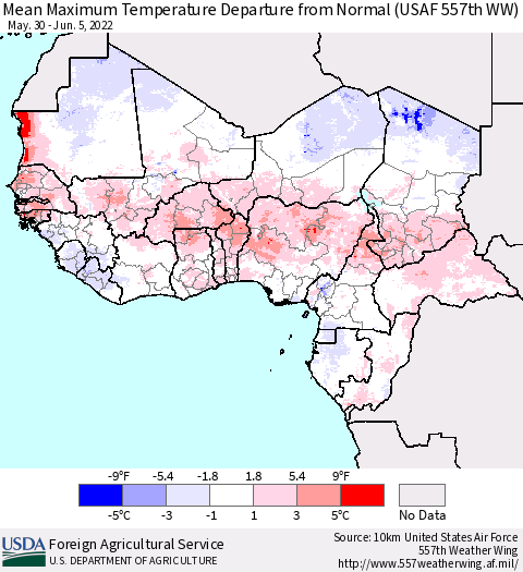 Western Africa Mean Maximum Temperature Departure from Normal (USAF 557th WW) Thematic Map For 5/30/2022 - 6/5/2022