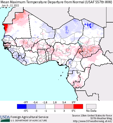 Western Africa Mean Maximum Temperature Departure from Normal (USAF 557th WW) Thematic Map For 6/6/2022 - 6/12/2022