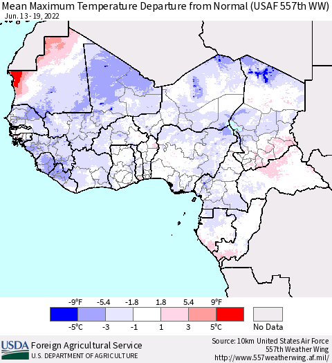 Western Africa Mean Maximum Temperature Departure from Normal (USAF 557th WW) Thematic Map For 6/13/2022 - 6/19/2022