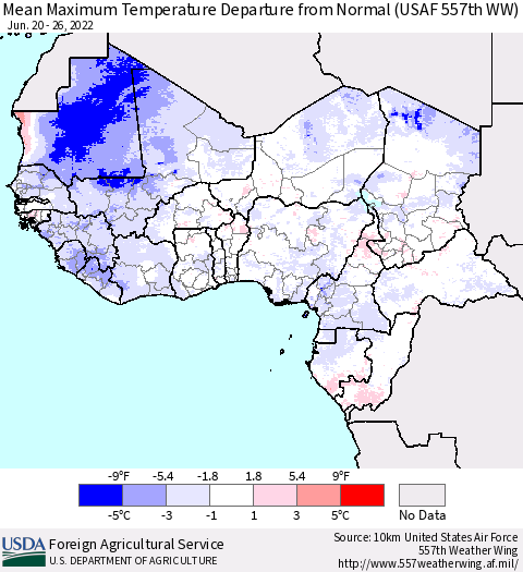 Western Africa Mean Maximum Temperature Departure from Normal (USAF 557th WW) Thematic Map For 6/20/2022 - 6/26/2022