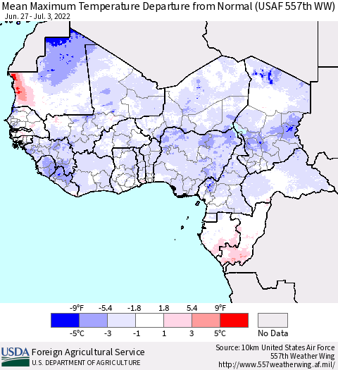 Western Africa Mean Maximum Temperature Departure from Normal (USAF 557th WW) Thematic Map For 6/27/2022 - 7/3/2022