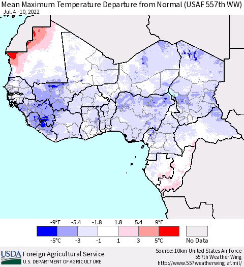 Western Africa Mean Maximum Temperature Departure from Normal (USAF 557th WW) Thematic Map For 7/4/2022 - 7/10/2022