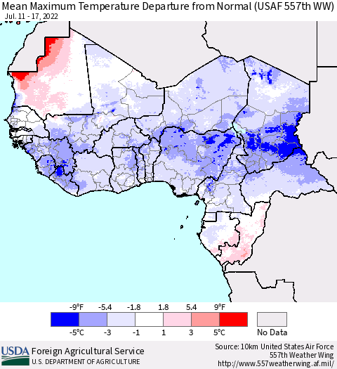 Western Africa Mean Maximum Temperature Departure from Normal (USAF 557th WW) Thematic Map For 7/11/2022 - 7/17/2022