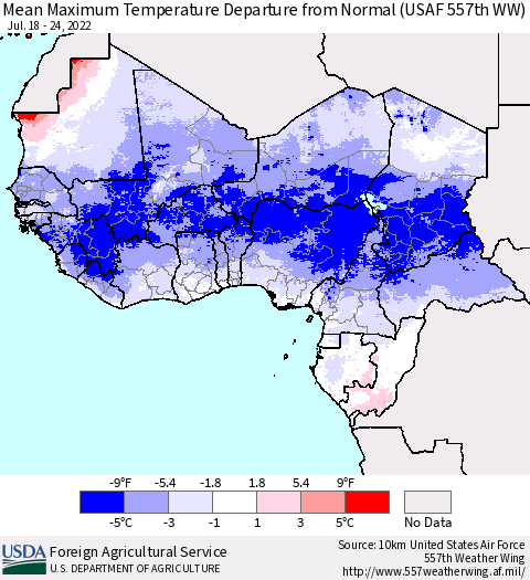 Western Africa Mean Maximum Temperature Departure from Normal (USAF 557th WW) Thematic Map For 7/18/2022 - 7/24/2022