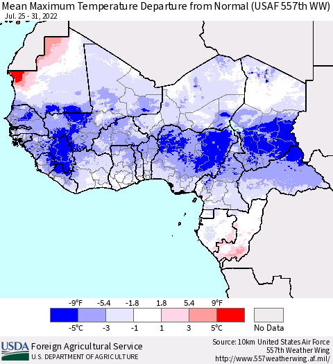 Western Africa Mean Maximum Temperature Departure from Normal (USAF 557th WW) Thematic Map For 7/25/2022 - 7/31/2022