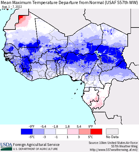Western Africa Mean Maximum Temperature Departure from Normal (USAF 557th WW) Thematic Map For 8/1/2022 - 8/7/2022