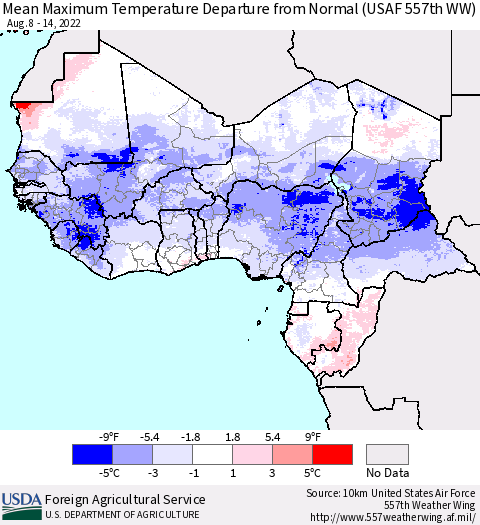 Western Africa Mean Maximum Temperature Departure from Normal (USAF 557th WW) Thematic Map For 8/8/2022 - 8/14/2022