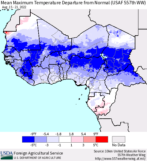Western Africa Mean Maximum Temperature Departure from Normal (USAF 557th WW) Thematic Map For 8/15/2022 - 8/21/2022