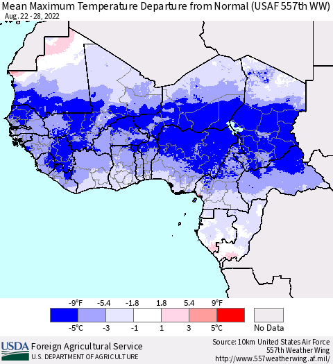 Western Africa Mean Maximum Temperature Departure from Normal (USAF 557th WW) Thematic Map For 8/22/2022 - 8/28/2022