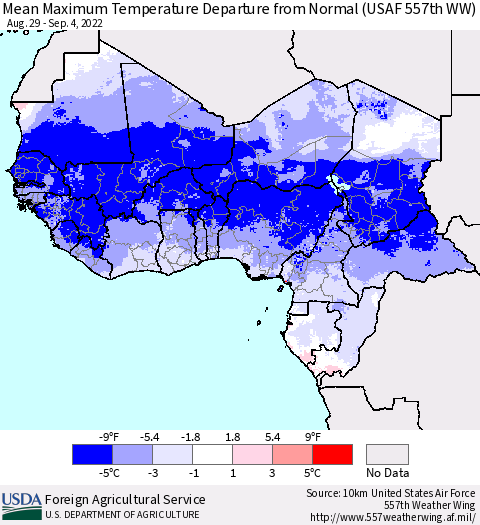 Western Africa Mean Maximum Temperature Departure from Normal (USAF 557th WW) Thematic Map For 8/29/2022 - 9/4/2022