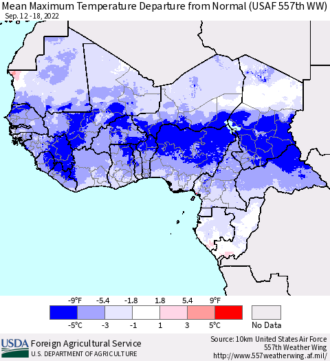 Western Africa Mean Maximum Temperature Departure from Normal (USAF 557th WW) Thematic Map For 9/12/2022 - 9/18/2022