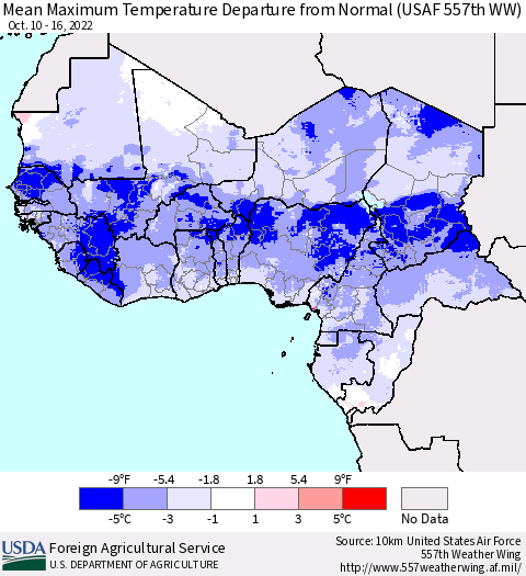 Western Africa Mean Maximum Temperature Departure from Normal (USAF 557th WW) Thematic Map For 10/10/2022 - 10/16/2022