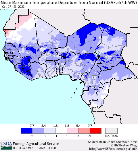 Western Africa Mean Maximum Temperature Departure from Normal (USAF 557th WW) Thematic Map For 10/17/2022 - 10/23/2022