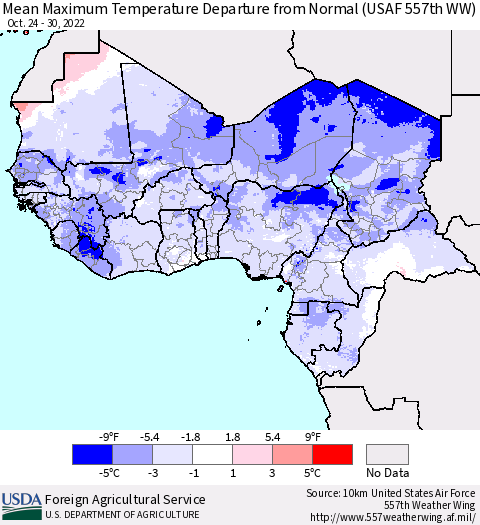 Western Africa Mean Maximum Temperature Departure from Normal (USAF 557th WW) Thematic Map For 10/24/2022 - 10/30/2022