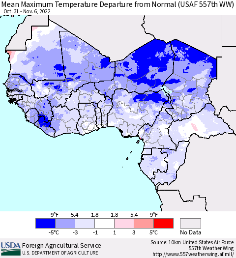 Western Africa Mean Maximum Temperature Departure from Normal (USAF 557th WW) Thematic Map For 10/31/2022 - 11/6/2022